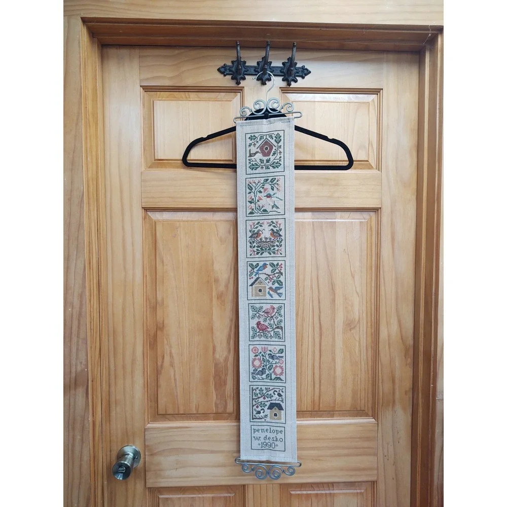Vintage Completed Cross Stitch Birds Bell Brass Hanger 36
